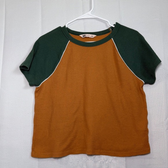 SO Tops - SO Waffle Knit Top XXL Orange Green Raglan Short Sleeve Colorblock